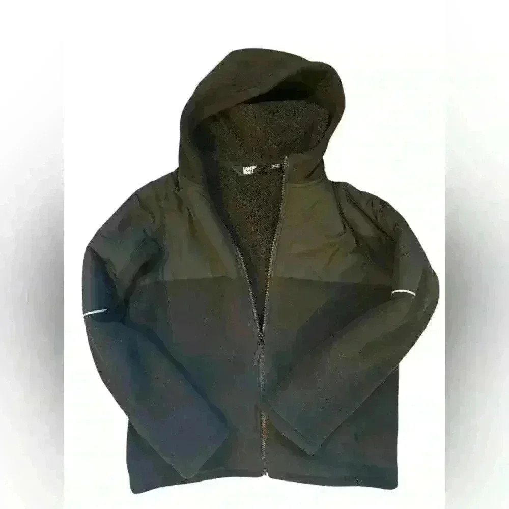 Lands' End Fleece Jacket Zip Up Hooded Long Sleeves Pocket Black Womens Size XL